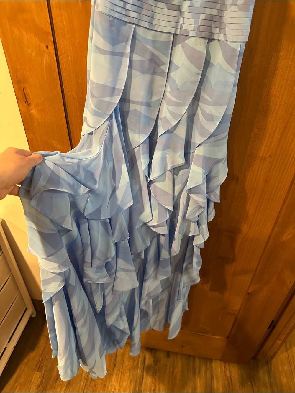 BCBGMaxAzria One-Shoulder Sky Blue Ruffle Gown - Picture 3 of 6
